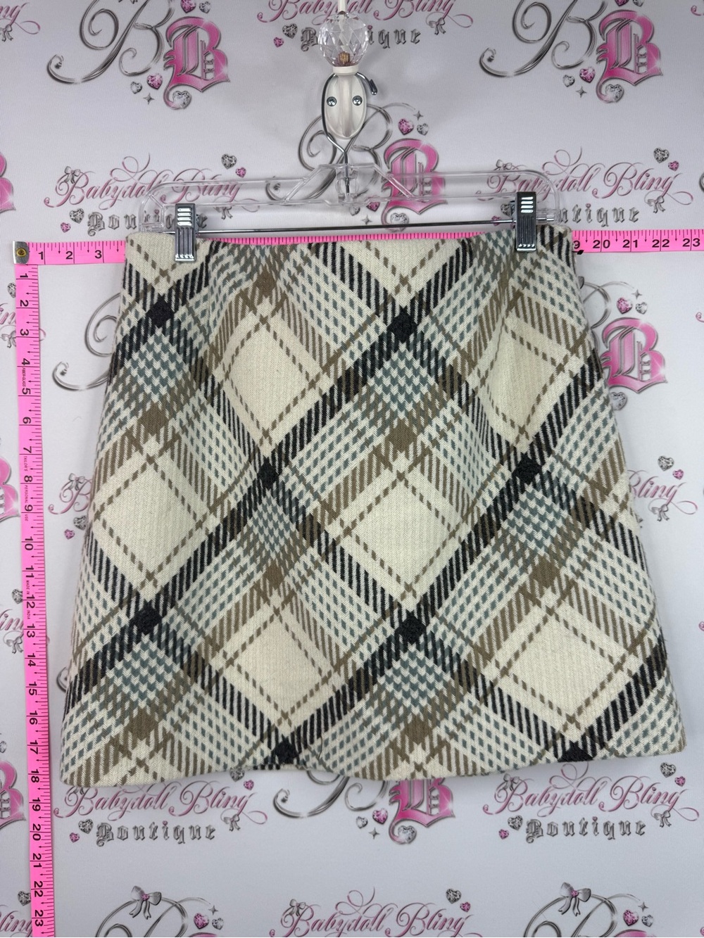 H&M skirt wool plaid Cream Plaid Mini Skirt with Taupe and Black Accents